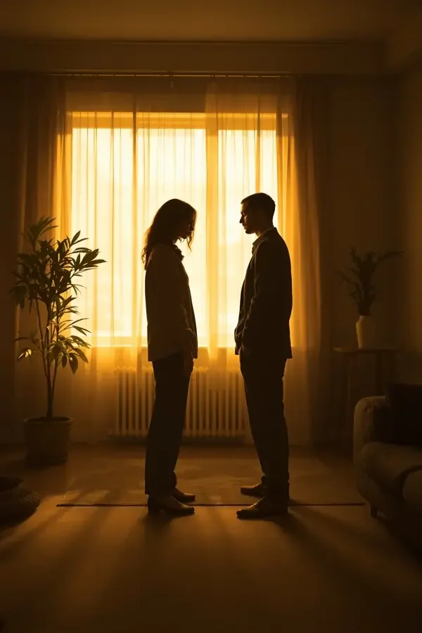 红果短剧《雾锁情迷》海报：雨夜窗前各自沉默的一对成年男女